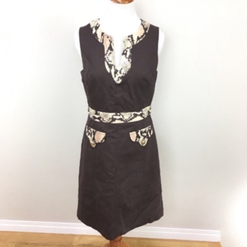 Milly New York Sheath Brown Dress Python Snake Print Trim Women’s‎ Sz 6